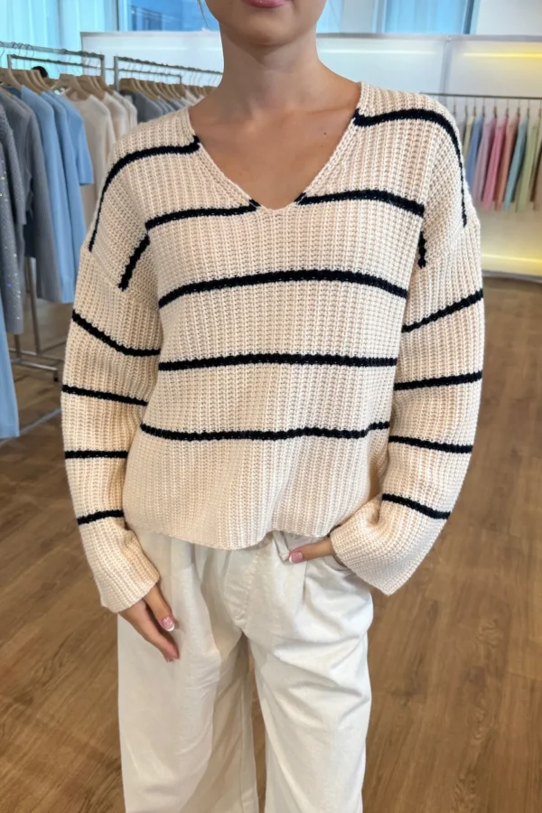 Allude Pullover<Pullover Striped V in Ivory/Schwarz