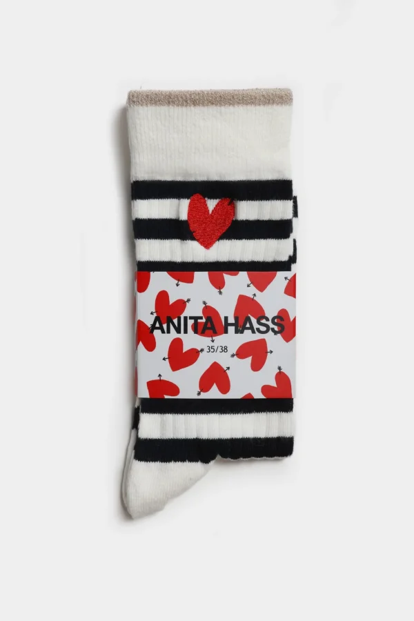 Anita Hass Socken<Gestreifte Socken 'Heart' in Ivory/Navy